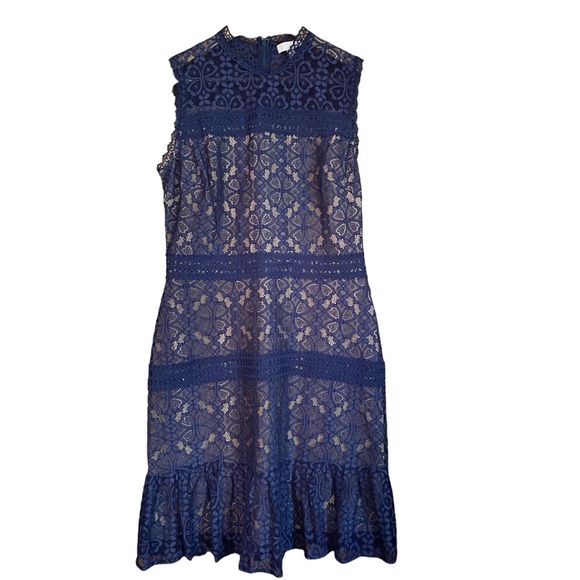 Chelsea28 Navy Mock Neck Lace Sheath Dress Sleeveless Sz M Nude Underlay - Picture 6 of 14